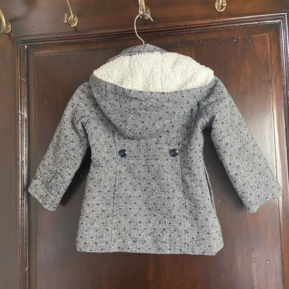 Osh Kosh B'gosh Gray Dress Polka Dot Pea Coat Girls Sz 4 Faux Sherpa Lined Hood